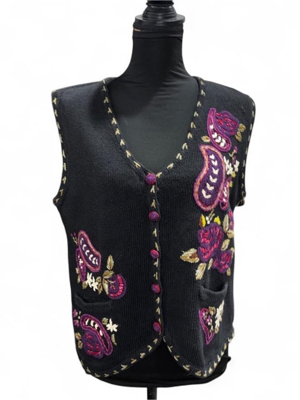 Black V-Neck Knit Vest with Pink and Purple Embroidery